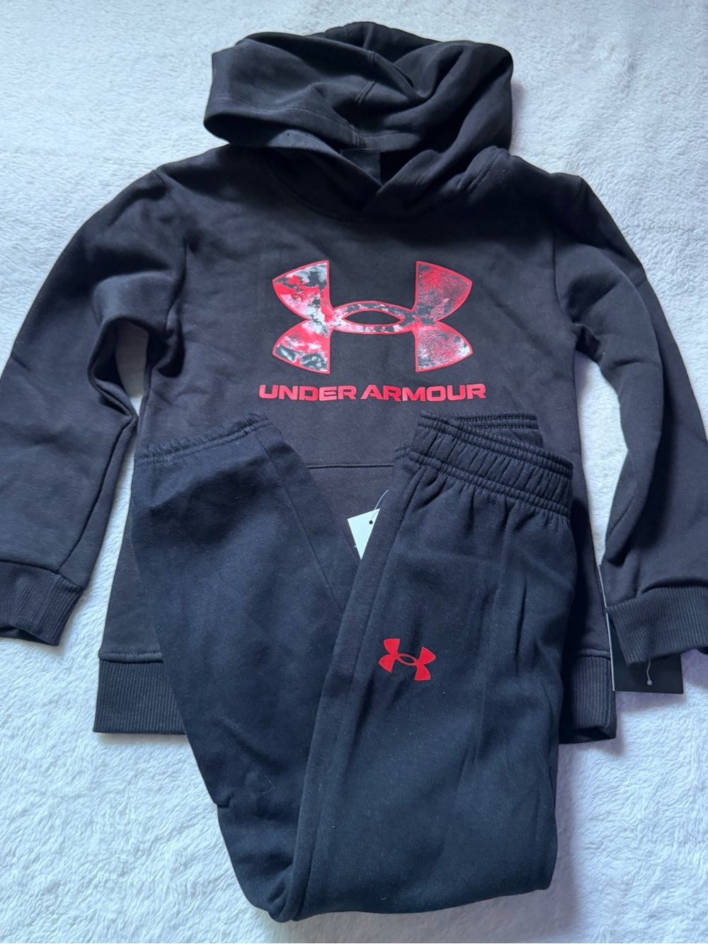 Under Armour Kids Black Hoodie & Joggers with Red Logo Accents